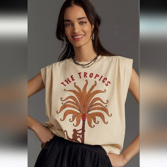 FARM Rio Tops - FARM RIO The Tropic Pleated Cream Brown Monkey Palm Cap Sleeve Top New XXS